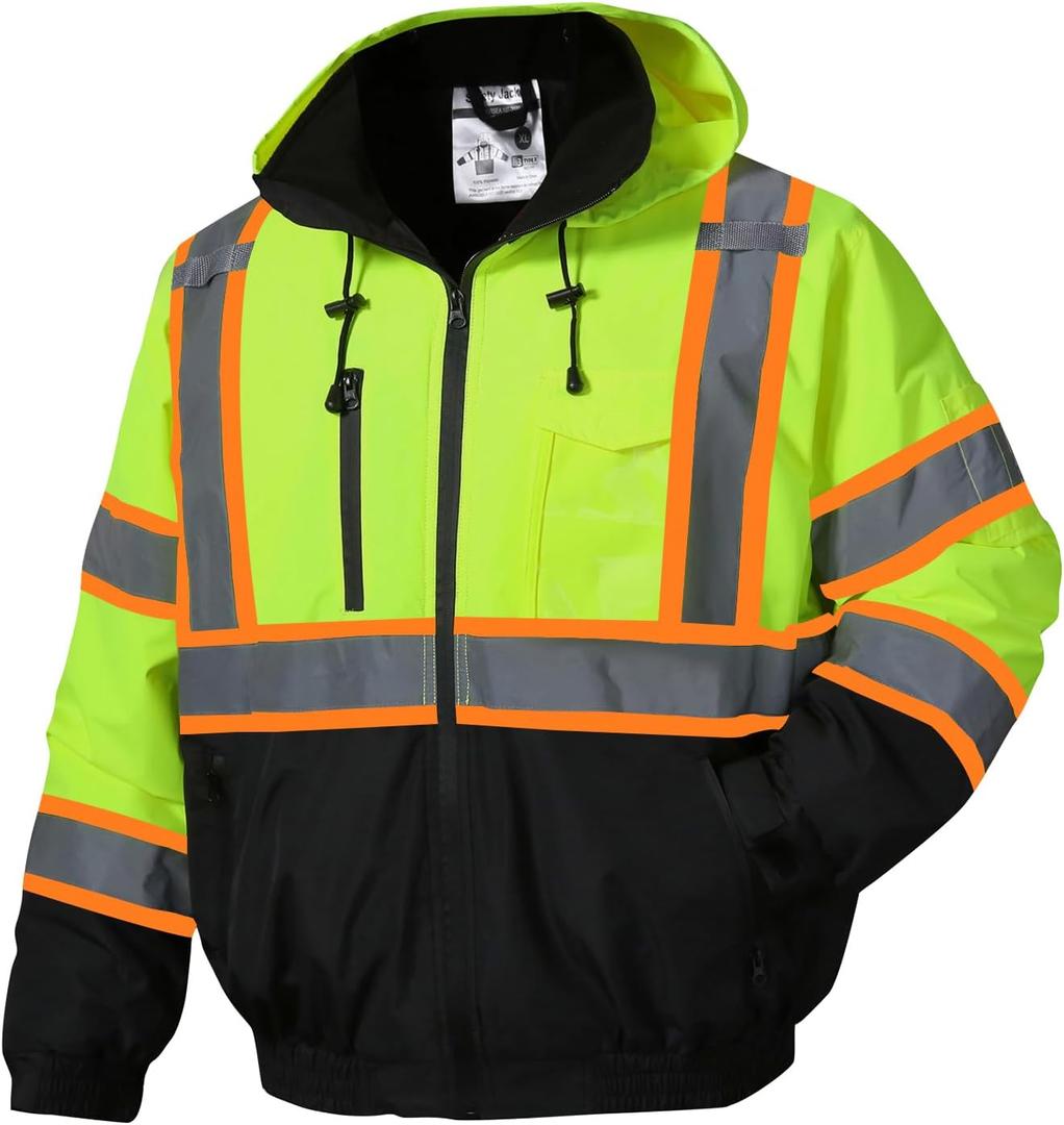 SKSAFETY High Visibility Reflective Jackets for Men, Waterproof Class 3 Safety Jacket with Pockets, Hi Vis Yellow Coats with Black Bottom, Mens Work Construction Coats for Cold Weather, XL,Yellow