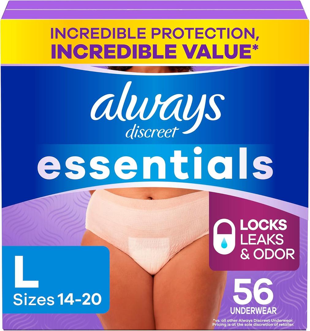 Always Discreet Essentials Adult Diapers for Women, Postpartum Essentials, Disposable Briefs, Unscented Incontinence Underwear Bladder Leak Protection, Size L, 56 Count
