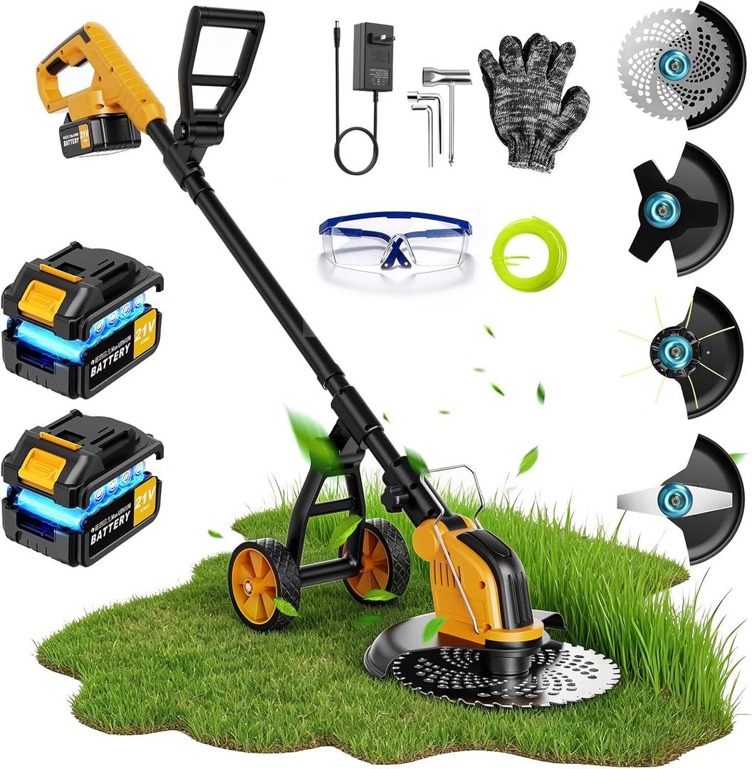 21V 800W Brushless Cordless Weed Wacker, 12-Inch Electric Weed Eater with Wheels, 23.0Ah Batteries & 4 Types Blades for Garden, Lawn & Yard Care