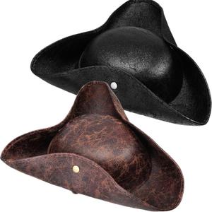 Ramede 2 Pcs Halloween Tricorn Pirate Hat Faux Leather Colonial Hat Distressed Style for Masquerade Cosplay Costume (One Size Fits Most, Brown, Black)