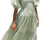 R.Vivimos Women's Summer Cotton Plaid Puff Sleeves Bow Casual Off-Shoulder Boho Midi Dress (Small)
