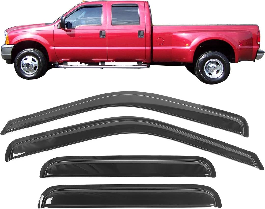 IKON MOTORSPORTS Tape On External Window Visor, Compatible with 1999-2016 Ford F250 F350 F450 F550 Super Duty Crew Cab, Dark Smoke Acrylic Shade Rain Sun Guard Wind Vent Air Deflector