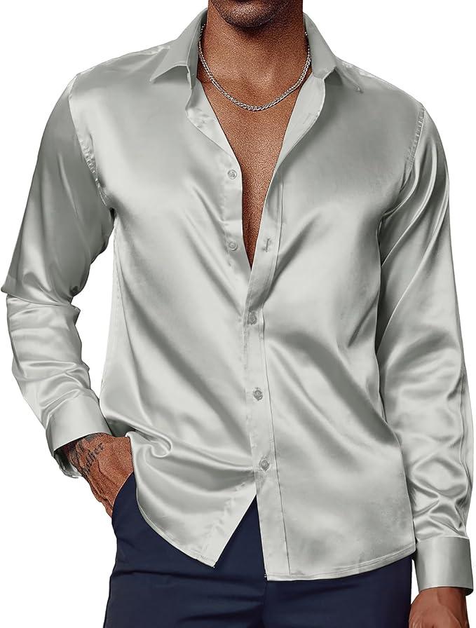 PJ PAUL JONES Men's Shiny Satin Dress Shirts Long Sleeve Button Down Silk Shirt with Bow Tie, M