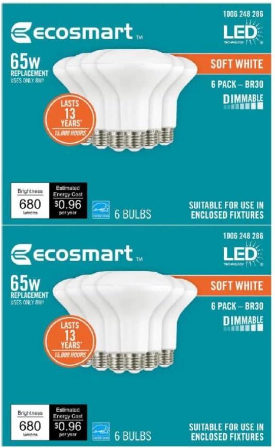 EcoSmart 65-Watt Equivalent BR30 Dimmable Energy Star LED Light Bulb Soft White (12-Pieces)