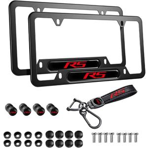 2PCS Black RS License Plate Frames Aluminum Alloy Car License Plate Holders Weather Proof License Plate Cover with Tire Valve Caps and Keychain Compatible with Camaro Malibu Cruze(RS-red)
