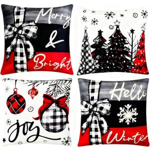 Haundry Christmas Throw Pillow Covers Joy Xmas Trees Red, 18 x 18 Inch Christmas Winter Holiday Cushion Case Decoration for Sofa Couch Set of 4