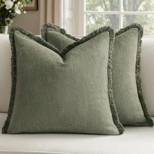 Woaboy Decorative Linen Fringe Throw Pillow Covers Boho Farmhouse Soft Accent Pillows with Tassels Spring Home Decor for Livingroom Couch Sofa Bed,20x20 Inch Set of 2,Light Olive Green