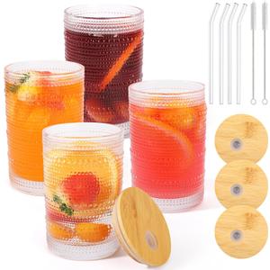 4 Pcs Hobnail Glass Cups with Lids and Straws, 16oz Embossed Drinking Glasses, Vintage Glassware for Iced Coffee, Soda, Gift for Women Men