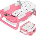 TPN Collapsible Baby Bathtub, Baby Bath Tub with Soft Cushion & Real-Time Thermometer, Baby Bathtub Infant to Toddler Tub (0-36 Months), Portable Travel Baby Tubs for Newborns (Pink)