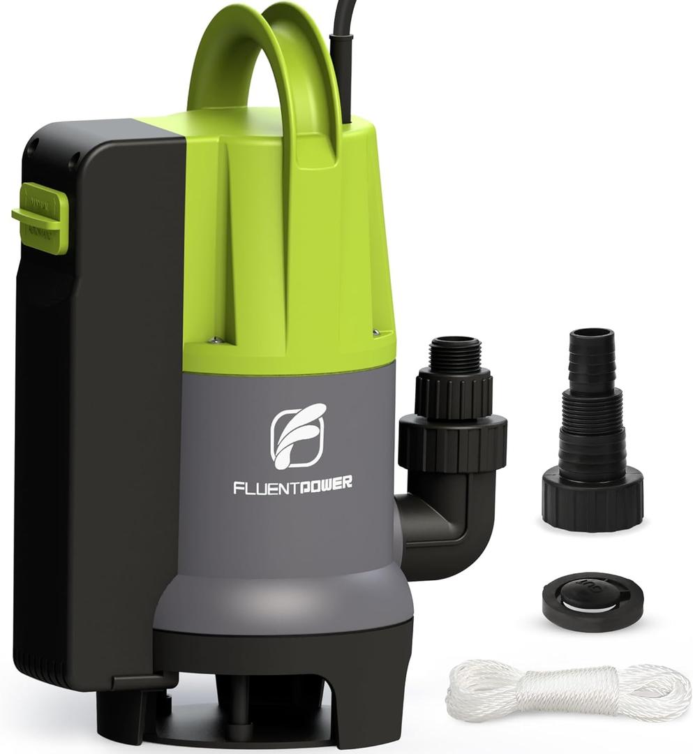 FLUENTPOWER 3/4HP Submersible Sump Pump, 3700GPH Utility Dirty Water Pump, Auto/Manual Control with 26.4 Ft Cord, Adapter, Check Valve and Rope for Basement Flood Cellar Pool Tub Garden Pond
