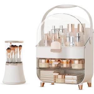 Makeup Organizer Countertop & Makeup Brush Holder with Lid 360 Rotating Clear Dustproof Skincare Holder for Vanity Bathroom Countertop, Ideal Gifts for Women, Transparent, Rose Gold