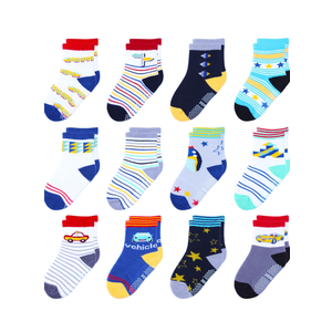 12 Pack Non Slip Kids Toddler Baby Socks with Grips for 1-7 Years Boys Girls Cotton Crew Socks Multi Colors