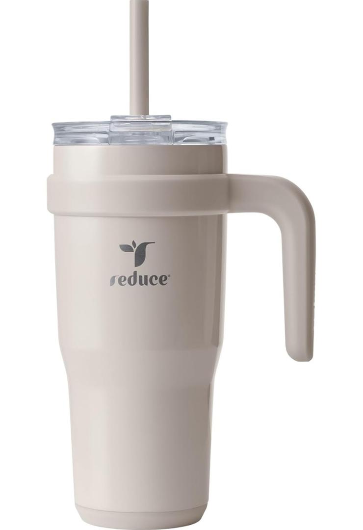 REDUCE 24 oz Stainless Steel Tumbler with Handle - Dual-Wall Vacuum Insulated Travel Mug, Sweat-Proof Lid & Reusable Straw - Keeps Drinks Cold for 24 Hrs, Fits Cupholders, Dishwasher Safe - Sand