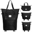 MaxWorks 51004 Foldable Travel Bag with Removable Rolling Wheels Large Carry On Suitcase Adjustable Size 25L to 55L for Gym Camping Business Trips Checkerboard Black