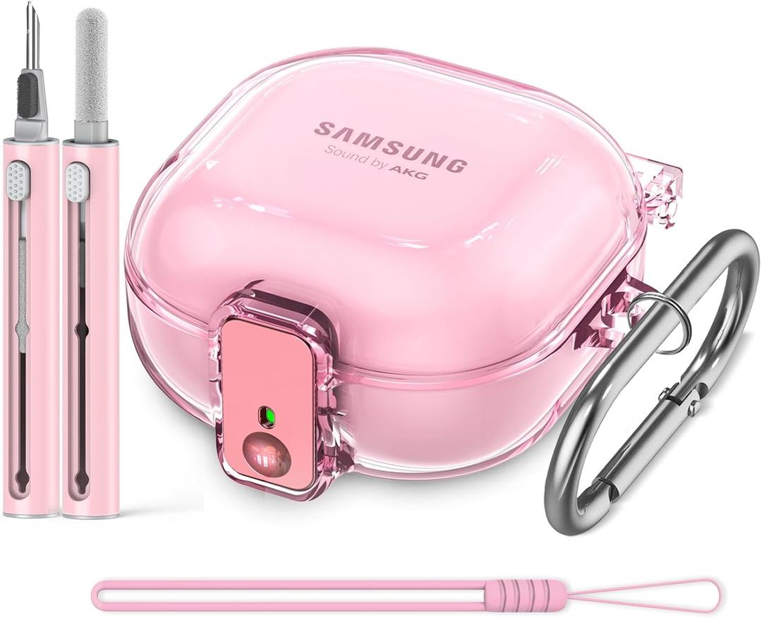[with Safety Lock] Clear Case for Samsung Galaxy Buds FE(2023)/Buds 2 Pro(2022)/Buds 2(2021)/Buds Pro(2021)/Buds Live(2020),Accessories with Anti-Lost Keychain/Silicone Wrist Strap(Pink) (A4-Pink+Bi)