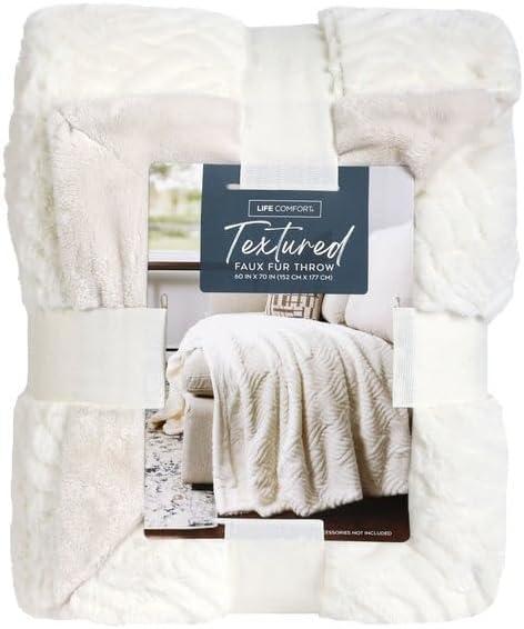 Life Comfort Decorative Premium Mixed Yarn Throw Blanket - 60x70 Inch, Ultra Soft for Living Room, Bedroom, & Sofa Couch, Textured Faux Fur (Throw (60 by 70), Cream (Textured Faux Fur))
