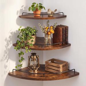 Novabright Corner Floating Shelf Set of 3 Rustic Brown Wood 9/10/12 in Corner Shelves Wall Mounted with Guardrail & Cord Hole Hanging Storage Display Shelves for Bedroom Kitchen Living Room Bathroom