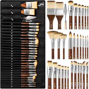 Nicpro 30pcs Paint Brush Set, Professional Paintbrushes with Paint Spatula and Cloth Roll, Craft Paint Brushes for Acrylic Painting, Oil, Watercolor, Gouache, Art Supplies for Artists and Beginners (Wood)