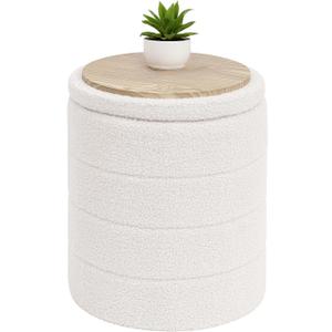 B FSOBEIIALEO Ottoman with Stroage, Round Sherpa Storage Ottoman Stool, Boucle Foot Rest 14.6"x14.6"x17.7"White