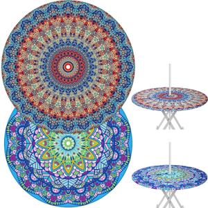 DoubleFill 2 Pcs Round Outdoor Tablecloth with Umbrella Hole - Anti-Wrinkle Polyester Tablecloth with Elastic Zipper Table Cover for Summer Patio Camping Party(36''-44'',Mandala)