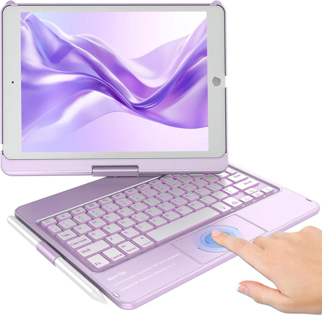 KBCASE Touchpad Keyboard Case for iPad 9th/8th/7th 10.2 inch, Backlit Trackpad Keyboard, 360Rotatable Case with Pencil Holder for iPad 9th/8th/7th Gen (Light Purple)