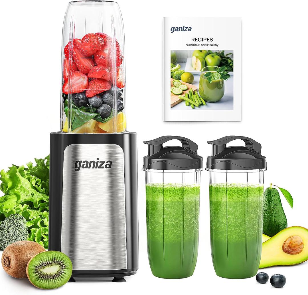 Ganiza Blender for Smoothies, 14Pcs Personal Blender for Shake and Smoothies for Kitchen with 3 Portable Cups (1x24oz & 2X17oz), Single Serve Smoothie Maker, Nutritious Recipe (Black Silver)