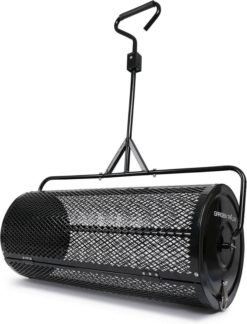 Compost Spreader 36 Inch Towable Peat Moss Spreader with Installation Support Accessories, Black Metal Mesh Roller Lawn Spreader for Top Soil, Manure, Mulch, Top Dressing - Garden spreaders for lawns