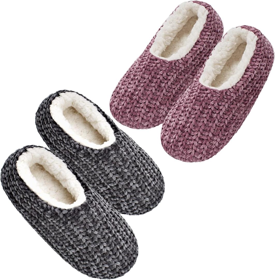 cosyone1997 2-Pair Cozy Slippers for Women Indoor Soft Sole with Warm Fuzzy Lining and Non-Slip Grips, House Slipper Socks (2 Pk Chenille Knit (Pink & Grey))