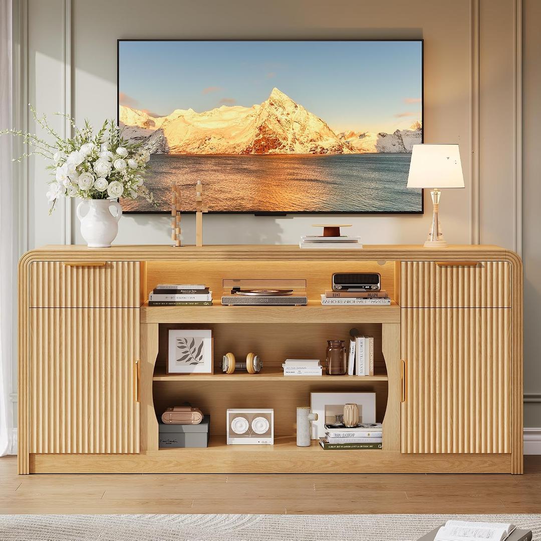 Decofy 70" Fluted TV Stand with Storage, Entertainment Center for TVs Up to 80", Media TV Stands with Adjustable Shelves & LED Light, Mid Century Modern TV Cabinet for Living Room (Oak)
