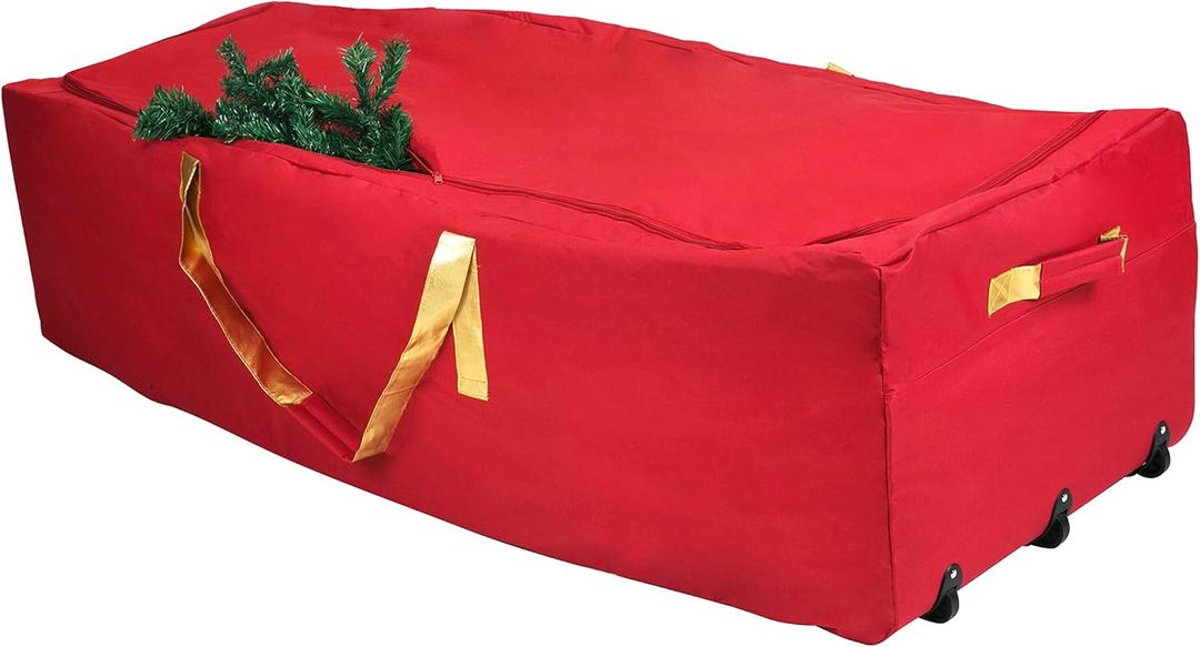 Simplify Christmas Tree Storage Bag | Holds Artificial Trees up to 11 Feet Tall | Holiday Decorations Organizer | Wheeled | Collapsible Duffle | Red