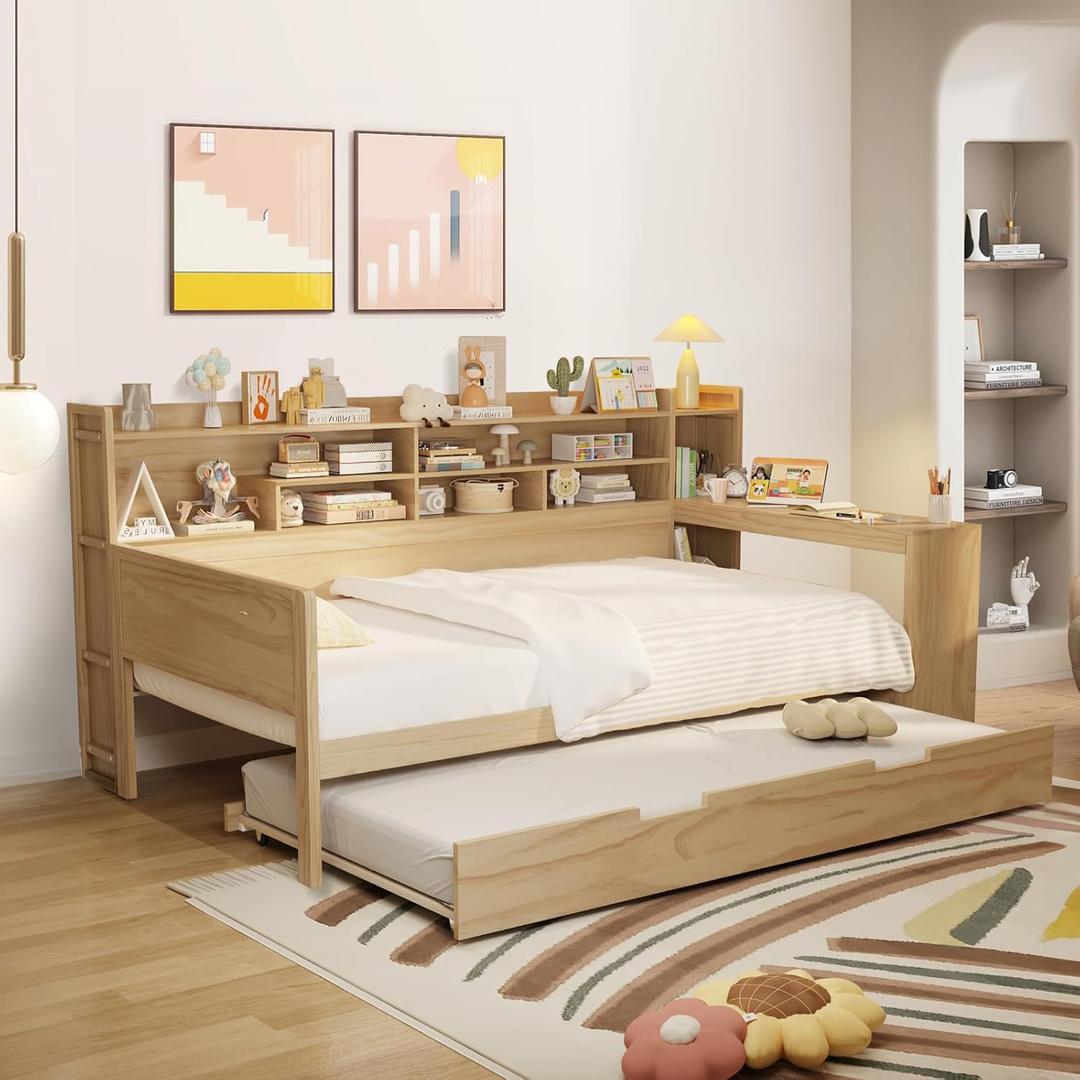 Twin Size Daybed with Trundle,Twin Size Corner Bed Frames, Wooden Daybed with Side Bookcase and Desk,Multi-Functional Bed for Kids Adults Bedroom Guest Room, Spring Box Not Required,Natural