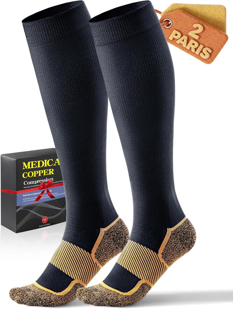 Medical Copper Compression Socks 20-30 mmHg for Women & Men (2 Pairs) - Knee High Graduated Compression for Circulation, Swelling, Odor Control, Athletic, Travel, Flying, Size 2XL