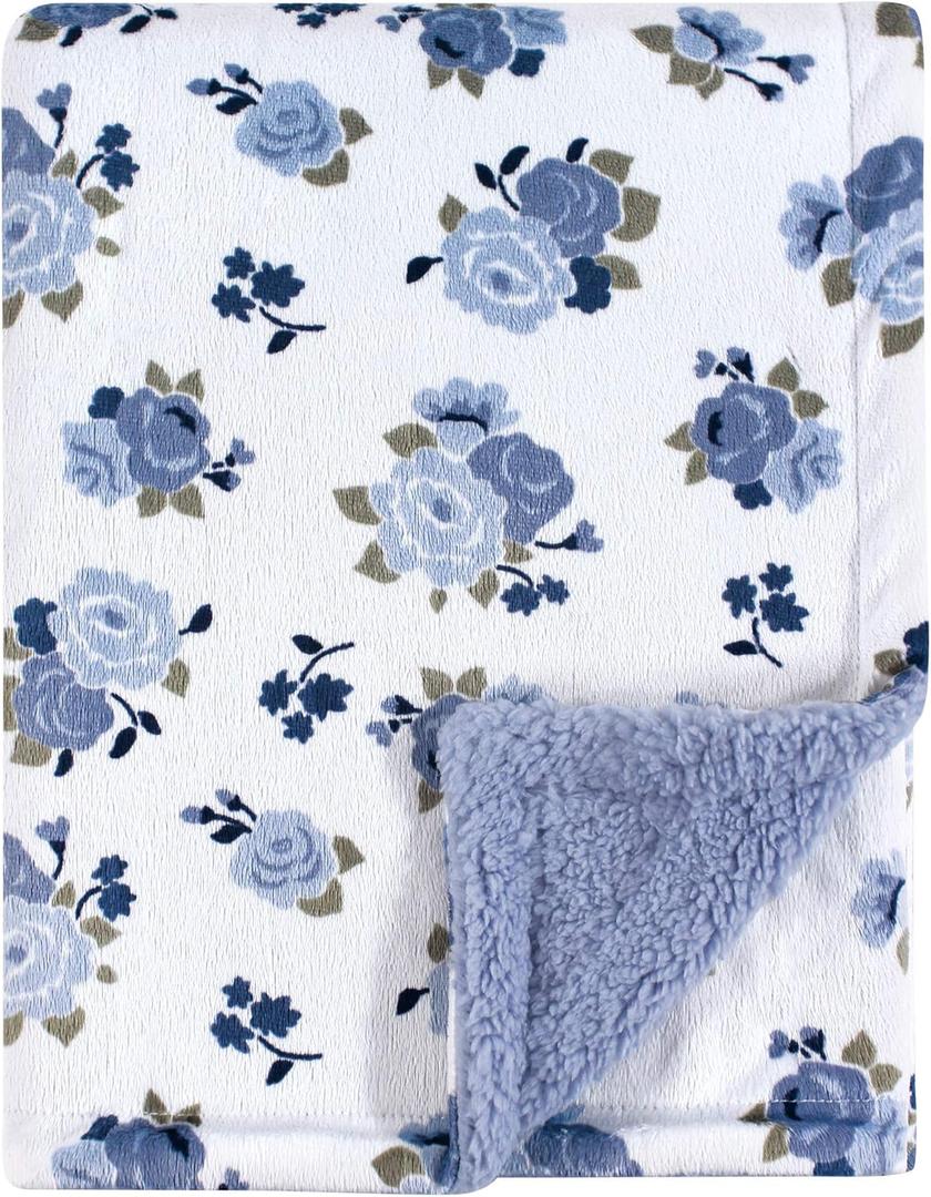 Luvable Friends Unisex Baby Plush Blanket with Sherpa Back, Blue Floral, One Size
