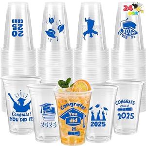 JOYIN 24 Pcs 16OZ Graduation Party Plastic Cups (Blue), 24 Designs Disposable Cups for Class of 2025 Graduates, Tableware Bulk for High School College Graduation School Grad Party Supply Decor