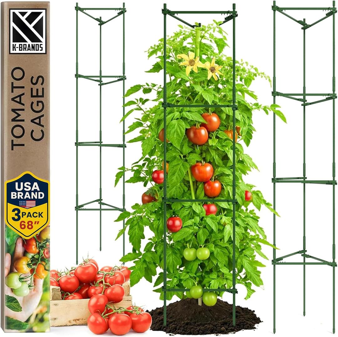 K-Brands Tomato Cage - Tomatoes Plant Stakes Support Cages Trellis for Garden and Pots (3 Pack - Extra Tall Upto 68 inches)