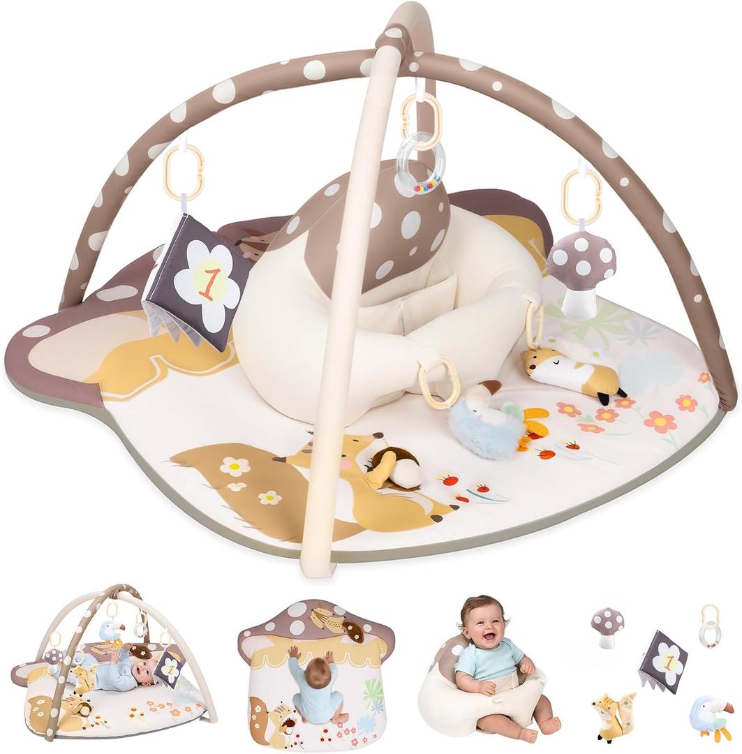 3-in-1 Baby Play Mat & Baby Seats for Infants for Sitting Up, Tummy Time Gym Activity Mat with 5 Detachable Toys, for Babies 0-6-12-18 Months, Newborn Babies Shower Gifts(Khaki)