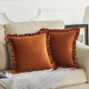 GIGIZAZA Burnt Orange Decorative Throw Pillow Covers, 18x18 Velvet Ruffle Cushion Pillow Covers for Sofa Couch Set of 2, Burnt Orange 