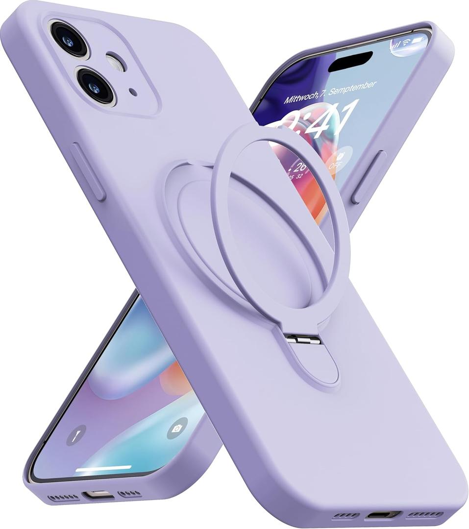 Magnetic Stand for iPhone 12, Liquid Silicone, [Compatible with MagSafe][Built-in Kickstand&Ring Holder] Anti-Scratch Soft Microfiber Lining, Light Purple