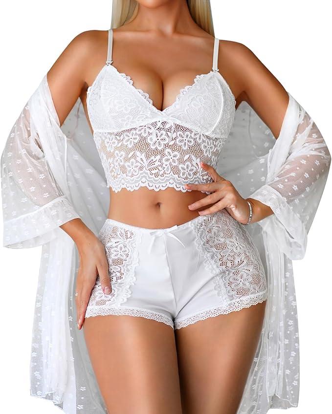 RSLOVE Women Sexy Lingerie Set - 2 Piece Lace Bra and Panty Sets with Mesh Kimono Robe Nightgown Sleepwear White Small