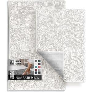 Hearth & Harbor Bathroom Rugs, Chenille Bath Mats for Bathroom - Machine Washable Bath Rugs, Non Slip Backing Rubber, 17 x 24 + 20 x 32, Off White