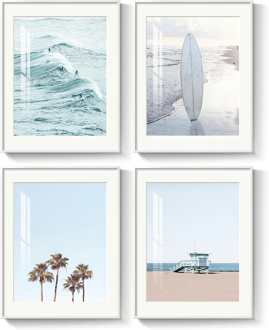 Framed Coastal Beach Wall Art for Living Room, 4 Piece Ocean Wave Palm Tree Surfboard Canvas Artworks, Summer Relaxing Seascape Picture Prints for Bedroom Bathroom Wall Decor, 11x14 Inch (Blue White - 4 Pcs)
