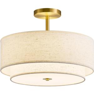 16" Semi Flush Mount Ceiling Light,3-Light Double Drum Gold Light Fixtures Modern 2-Tier Linen Shade Design for Bedroom, Living Room, Kitchen, Dining Room, Entryway and Hallway