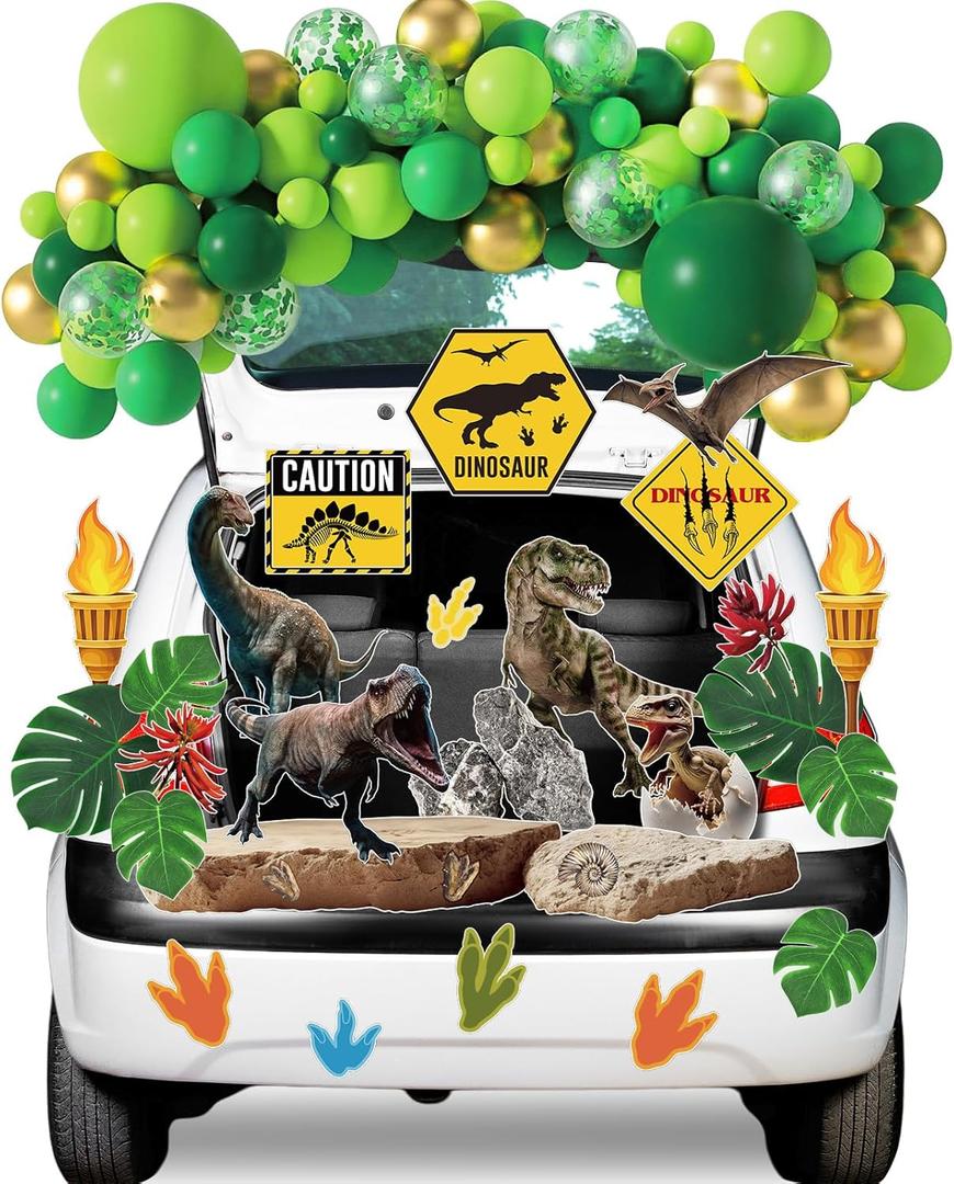 Blosssound 95 Pcs Halloween Trunk Or Treat Car Decorations Kit with Dinosaur Jungle Theme Includ Jungle Balloon Garland Kit, Palm Leaves, Faux Rock for SUV Archway Garage Door Party