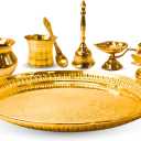 Vedic Charya 10 Inch Brass Puja Thali Set Round Shape  Set of 7 Golden Traditional Pooja Plate, Spiritual Decor Indian Religious Worship & Festivals Thali for Shivratri, Home Mandir, Return Gift