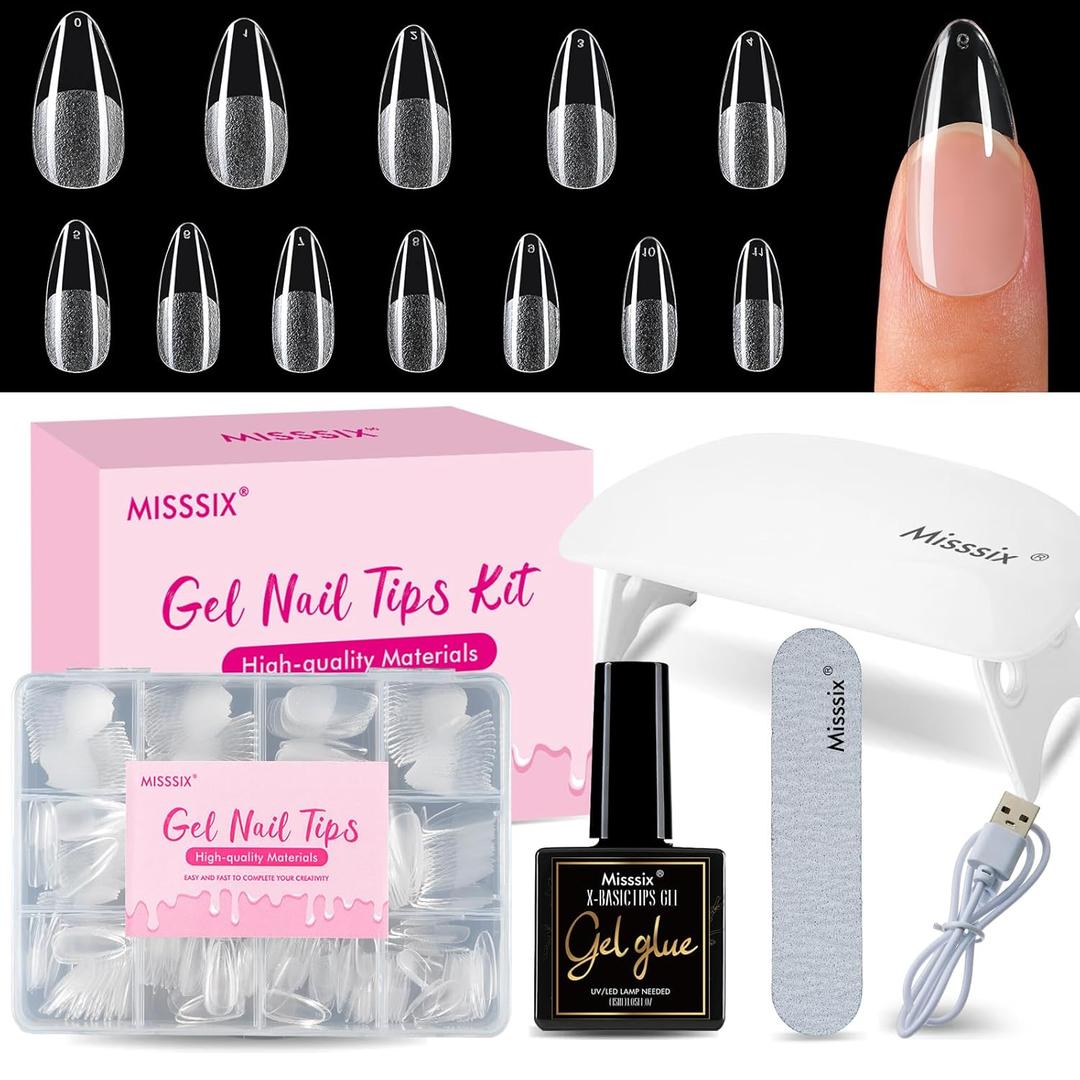 Misssix Medium Almond Gel Nail Tips Kit, 216Pcs Pre Etched Clear Fake Nails, Full Cover False Nail 9-in-1 Gel Glue and Portable Mini U V Nail Lamp for Women 12 Sizes