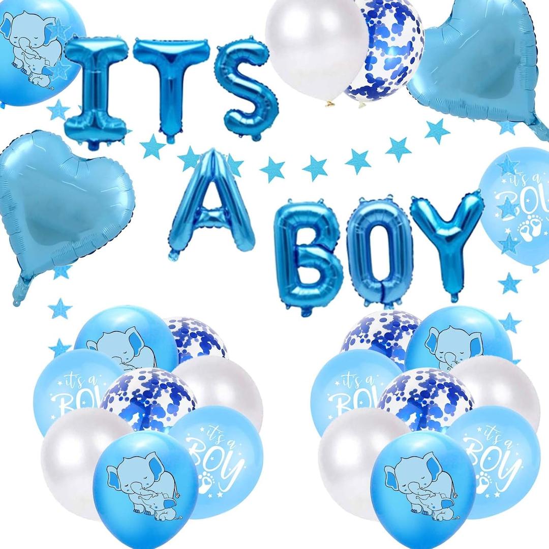 Baby Shower Decoration For Boy, Baby Shower It's A Boy Blue Star Heart Balloon, Elephant Balloons, Footprints, Blue Balloons For Gender Neutral Party Decoration