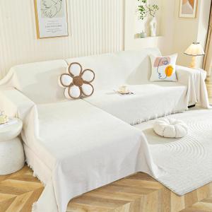 Royhom Sectional Couch Covers 2 Pieces, L Shaped Couch Cover Blanket, Chenille Sofa Covers Washable, Sofa Slipcover with Tassel, Suitable for All Seasons (71"x102"+71"x118", Beige White) (Chaise+2 or 3 Cushion)