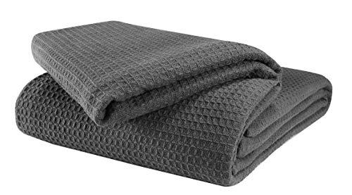Glamburg 100% Cotton Thermal Bed Blanket, Twin Size, Soft Waffle, All Season, Charcoal