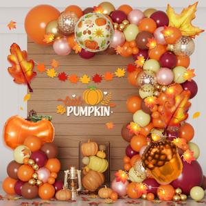 Ouddy Life 194Pcs Fall Thanksgiving Balloons Arch Garland Kit, Maple Leaf Banner Pumpkin Burnt Orange Burgundy Brown Confetti Balloon for Autumn Harvest Birthday Baby Shower Party Decorations