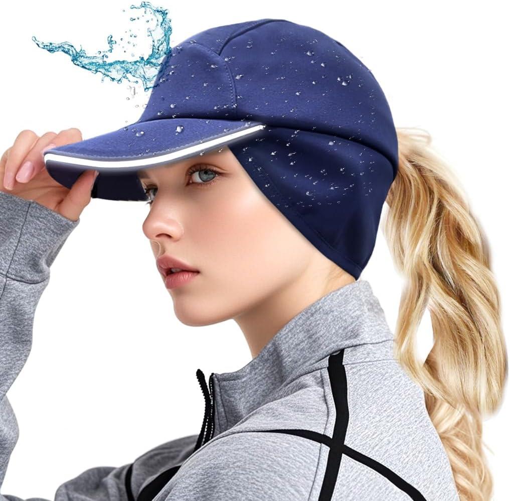 Winter Hat with Ponytail Hole for Women, Pony Tail Hat Waterproof Cap, Stylish Ponytail Winter Hats, Warm, Modern for Outdoor (Medium-Large, Navy Blue)